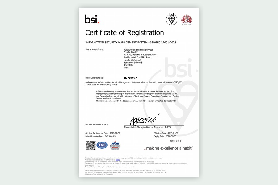 BSI ISO IEC 27001:2022 Certificate IS 704987 for RuralShores